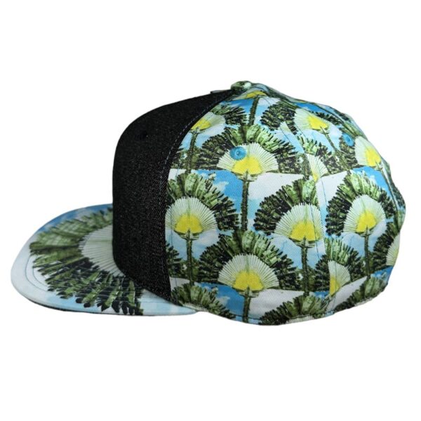 2 tone black denim/travelers palm snapback hat