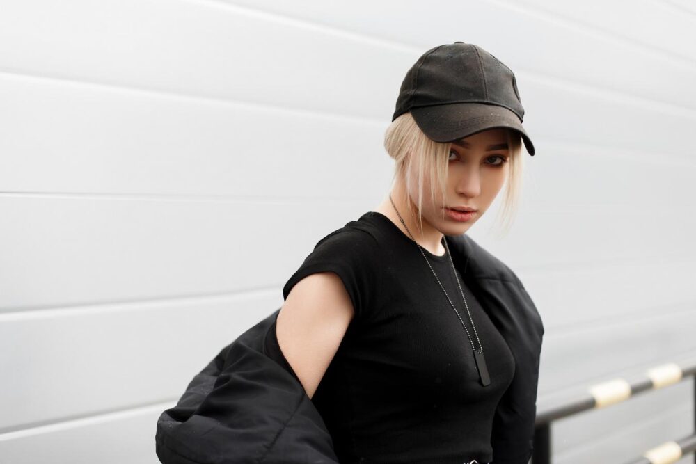 a girl wearing all black and a low brim hat secret handshake ears ears hat etiquette hang loose hair whips wear a hat