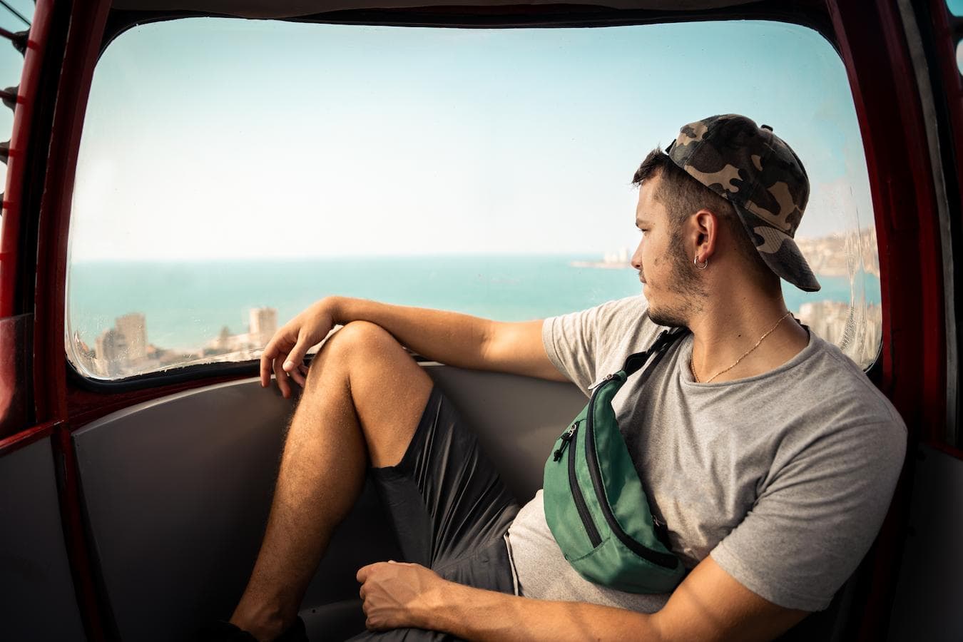 a man wearing a fanny pack and camo hat sitting by a window company swag company swag great ideas custom box gifting swag boxes